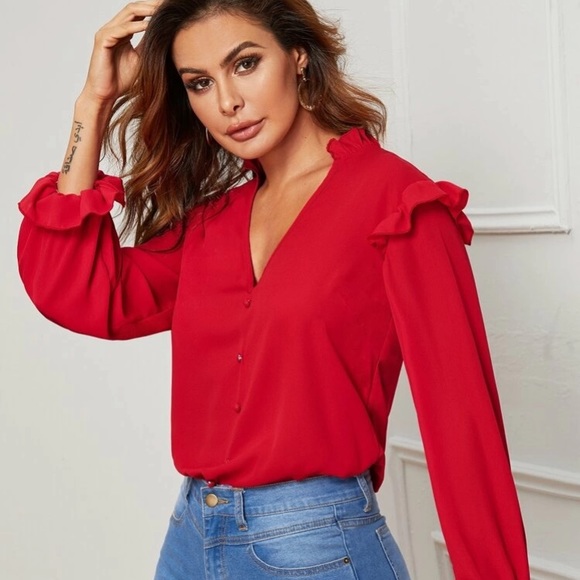 Ruffle Trim Button Front Blouse - Picture 5 of 8